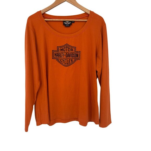 Harley-Davidson Tops - Harley-Davidson Womens shirt top Orange Long Sleeve size 2X rhinestones Y2K plus